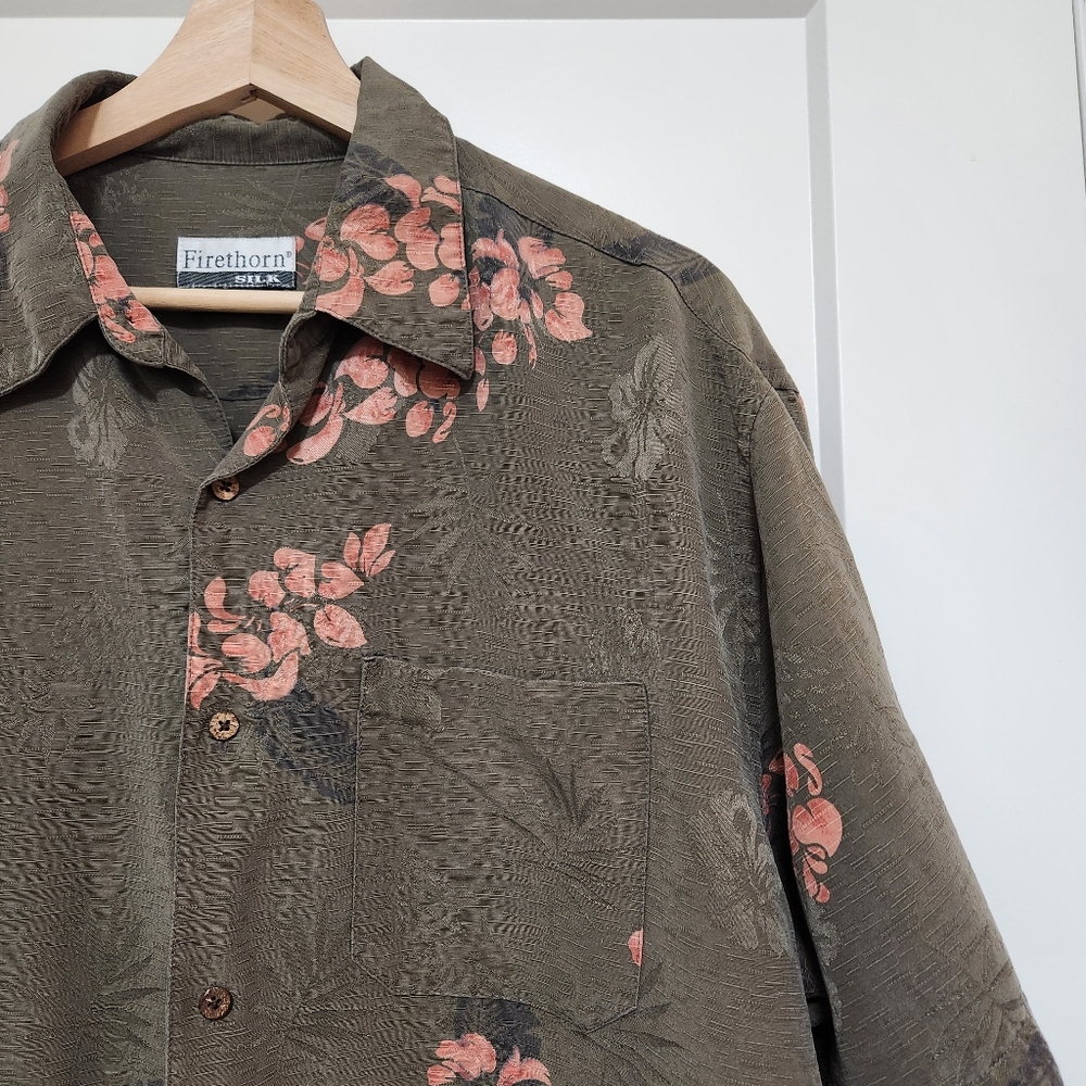 Firethorn Hawaiian Silk Shirt, Men's Large, Olive Green, Short Sleeve, Floral - Picture 2 of 9